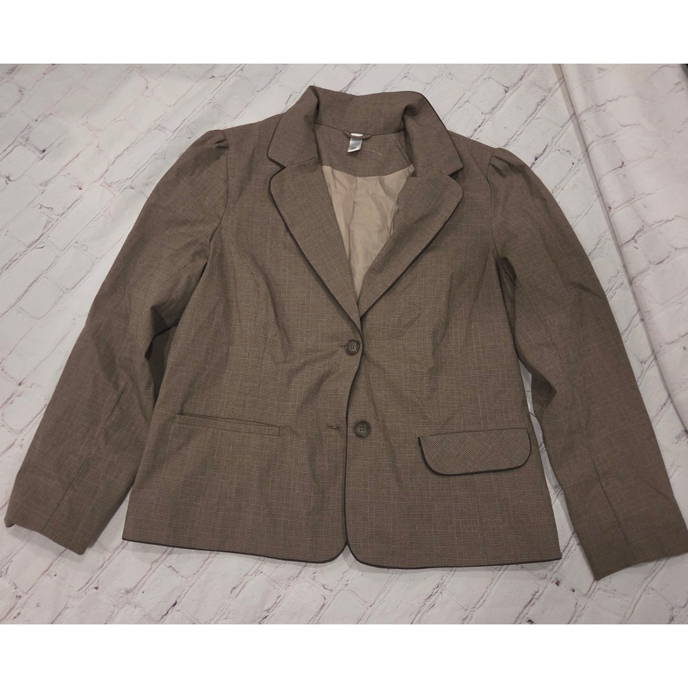 Old Navy Womens XXL Brown Plaid Peplum Back Blazer Metallic Thread Jacket